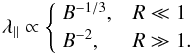 \begin{equation} \label{eq:lp_est} \lambda\pa\propto \begin{cases} \;B^{-1/3}, & R\ll1\\ \;B^{-2}, & R\gg1. \end{cases} \end{equation}