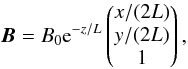 \appendix \setcounter{section}{2} \begin{equation} \label{eq:B} \f B=B_0{\rm e}^{-z/L} \begin{pmatrix} x/(2L)\\ y/(2L)\\ 1 \end{pmatrix}, \end{equation}