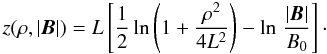 \begin{equation} \label{eq:rho0} z(\rho,\abs{\f B})=L\left[\frac{1}{2}\ln\left(1+\frac{\rho^2}{4L^2}\right)-\ln\,\frac{\abs{\f B}}{B_0}\right]\cdot \end{equation}