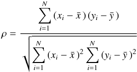 \begin{equation} \rho = \frac{\displaystyle \sum_{i=1}^N \left(x_i - \bar{x}\,\right) \left(y_i - \bar{y}\,\right)}{\displaystyle \sqrt{\sum_{i=1}^N \left(x_i - \bar{x}\,\right)^2 \sum_{i=1}^N \left(y_i - \bar{y}\,\right)^2}} \end{equation}