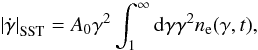 \begin{equation} \left|\dot{\gamma}\right|_{\rm SST}= A_0 \gamma^2 \int_1^{\infty}{\rm d}\gamma \gamma^2 n_{\rm e}(\gamma,t), \end{equation}