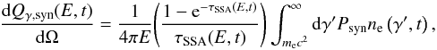 \begin{eqnarray} \frac{{\rm d}Q_{\gamma,{\rm syn}}(E,t)}{{\rm d}\Omega}= \frac{1}{4\pi E}{\left(\frac{1- {\rm e}^{-\tau_{\rm SSA}(E,t)}}{\tau_{\rm SSA}(E,t)} \right)}\int_{m_{\rm e} c^2}^{\infty} {\rm d}\gamma' P_{\rm syn} n_{\rm e}\left(\gamma',t\right), \label{Qsyn} \end{eqnarray}