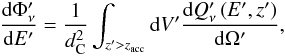 \begin{eqnarray} \frac{{\rm d}\Phi'_\nu}{{\rm d}E'}= \frac{1}{{d_{\rm C}^2}}\int_{z'>z_{\rm acc}} {{\rm d}V'} \frac{{\rm d}Q'_\nu\left(E',z'\right)}{{\rm d}\Omega'}, \end{eqnarray}