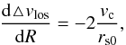 \begin{equation} \frac{\mathrm{d}\!\bigtriangleup\! v_{\mathrm{los}}}{\mathrm{d}R}=-2\frac{v_{\mathrm{c}}}{r_{\mathrm{s0}}},\label{eq:sklon} \end{equation}