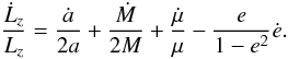 \begin{equation} \frac{\dot{L}_z}{L_z}=\frac{\dot{a}}{2a}+\frac{\dot{M}}{2M}+\frac{\dot{\mu}}{\mu}-\frac{e}{1-e^2}\dot{e}. \label{eqlzdec} \end{equation}