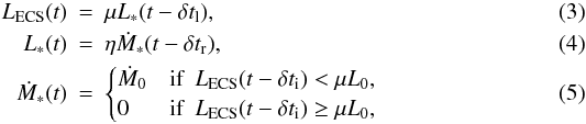 \begin{eqnarray} L_{\rm ECS}(t) &=& \mu L_\ast(t - \delta t_{\rm l}), \label{model-ECS}\\ L_\ast(t) &=& \eta {\dot M}_\ast(t - \delta t_{\rm r}), \label{model-surface} \\ {\dot M}_\ast(t) &=& \begin{cases}{\dot M}_0 &\text{if}\ \ L_{\rm ECS}(t - \delta t_{\rm i}) <\mu L_0,\\ 0 & \text{if}~ ~ L_{\rm ECS}(t - \delta t_{\rm i}) \ge \mu L_0 , \end{cases} \label{model-accretion} \end{eqnarray}