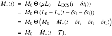 \begin{eqnarray} \dot{M}_\ast(t) &=&{\dot M}_0\, \Theta\left(\mu L_0 - L_{\rm ECS}(t - \delta t_{\rm i})\right) \nonumber\\ &=&{\dot M}_0\, \Theta\left( L_0 - L_\ast(t - \delta t_{\rm i} - \delta t_{\rm l})\right) \nonumber\\ &=&{\dot M}_0\, \Theta\left({\dot M}_0 -\dot{M}_\ast(t-\delta t_{\rm i} -\delta t_{\rm l} -\delta t_{\rm r}) \right)\nonumber\\ &=&{\dot M}_0 - \dot{M}_\ast(t-T), \nonumber \end{eqnarray}