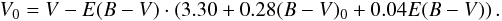 \begin{equation} V_0 = V - E(B - V) \cdot \left(3.30 + 0.28(B - V)_0 + 0.04E(B - V)\right). \label{av} \end{equation}