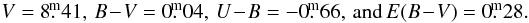 \begin{equation*} V=8 \fm41,\, B\!-\!V = 0\fm04, \, U\!-\!B =-0\fm66, \, {\rm and}\, E(B\!-\!V) = 0\fm28. \end{equation*}