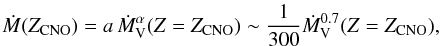 \begin{equation} \mdot(Z_{\rm CNO}) = a \, \mdot_{\rm V}^{\alpha}(Z = Z_{\rm CNO} ) \sim \frac{1}{300} \mdot_{\rm V}^{0.7}(Z = Z_{\rm CNO}), \label{eq:mdot_mdot_vink} \end{equation}