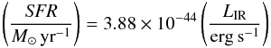 \begin{equation} \left(\frac{{\it SFR}}{ M_{\sun}\,{\rm yr}^{-1}}\right)=3.88\times10^{-44}\left(\frac{L_{\rm IR}}{\rm erg\,s^{-1}}\right) \end{equation}