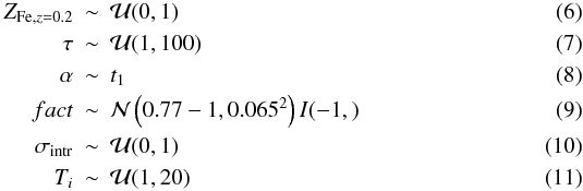 \begin{eqnarray} Z_{{\rm Fe},z=0.2} &\sim& \mathcal{U}(0,1) \\ \tau &\sim& \mathcal{U}(1,100) \\ \alpha &\sim& t_1 \\ fact&\sim& \mathcal{N}\left(0.77-1,0.065^2\right) I(-1,)\\ \sigma_{\rm intr} &\sim& \mathcal{U}(0,1) \\ T_i &\sim& \mathcal{U}(1,20) \end{eqnarray}