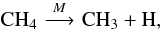 \begin{equation} {\rm CH}_4\,\, {\mathop{\longrightarrow}\limits^{\it M}}\,\, {\rm CH}_3 + {\rm H}, \label{reac:CH4} \end{equation}