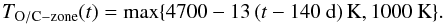 \begin{equation} T_{\rm O/C-zone}(t) = \mbox{max}\{4700 - 13 \left(t-140~\mbox{d}\right)\mbox{K}, 1000~\mbox{K}\} . \end{equation}