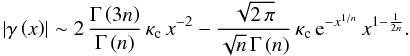 \begin{equation} \left|\mathcal{\gamma}\left(x\right)\right|\sim2\,\frac{\Gamma\left(3n\right)}{\Gamma\left(n\right)}\,\kappa_{\text{c}}\, x^{-2}-\frac{\sqrt{2\,\pi}}{\sqrt{n}\,\Gamma\left(n\right)}\,\kappa_{\text{c}}\,{\text{e}}^{-x^{1/n}}\, x^{1-\frac{1}{2n}}.\label{eq:shear-larga} \end{equation}