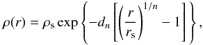 \begin{equation} \rho(r)=\rho_{\text{s}}\exp\left\{ -d_{n}\left[\left(\frac{r}{{r_{{\text{s}}}}}\right)^{1/n}-1\right]\,\right\} ,\label{eq:einasto_generic} \end{equation}