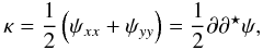 \begin{equation} \kappa=\frac{1}{2}\left(\psi_{xx}+\psi_{yy}\right)=\frac{1}{2}\partial\partial^{\star}\psi,\label{eq:convergence-pot} \end{equation}