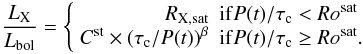 \begin{equation} {L_{\rm X} \over L_{\rm bol}} = \left\{ \begin{array}{rl} R_{\rm X, sat} &{\rm if} P(t)/\tau_{\rm c} < Ro^{\rm sat} \\ C^{\rm st} \times ( \tau_{\rm c} / P(t))^{\beta} &{\rm if} P(t)/\tau_{\rm c} \ge Ro^{\rm sat}. \end{array} \right. \end{equation}