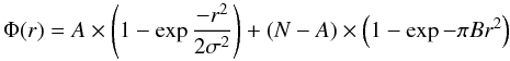 \begin{equation} \Phi(r) = A \times \left(1-\exp{-r^2 \over 2 \sigma^2}\right) + (N - A) \times \left(1-\exp{-\pi B r^2}\right) \end{equation}