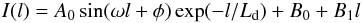 \begin{equation} I(l)=A_{0}\sin (\omega l+\phi) \exp (- l/L_{\rm d}) + B_{0}+B_{1}l \label{eq:function} \end{equation}