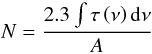 \begin{equation} N=\frac{2.3\int \tau\left ( \nu \right ){\rm d}\nu}{A} \label{column density} \end{equation}