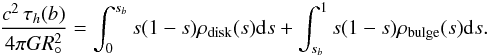 \begin{eqnarray*} \frac{c^2\,\tau_h(b)}{4\pi GR\sun^2}=\int_{0}^{s_b}s(1-s)\rho_{\rm disk}(s)\dd{s}+\int_{s_b}^{1}s(1-s)\rho_{\rm bulge}(s)\dd{s}. \end{eqnarray*}