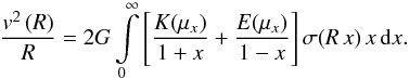 \appendix \setcounter{section}{1} \begin{equation} \frac{v^2\br{R}}{R}=2G\int\limits_{0}^{\infty} \sq{ \frac{K\!\br{\mu_x}}{1+x}+\frac{E\!\br{\mu_x}}{1-x}}\sigma\!\br{R\,x}x\,\ud{x}. \label{eq:inv} \end{equation}