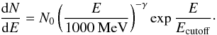 \begin{equation} \frac{{\rm d}N}{{\rm d}E} = N_0\left(\frac{E}{1000~\mathrm{MeV}}\right)^{-\gamma}\exp{\frac{E}{E_{\rm cutoff}}}\cdot \label{plcutoff} \end{equation}