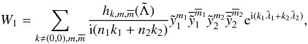\begin{equation} W_1 = \sum_{k\neq(0,0),m,\overline{m}} \frac{ h_{k,m,\overline{m}} (\secul{\Lambda}) }{\ImUnit(n_1 k_1 + n_2 k_2)} \secul{y}_1^{m_1} \overline{\secul{y}}_1^{\overline{m}_1} \secul{y}_2^{m_2} \overline{\secul{y}}_2^{\overline{m}_2} \expo{\ImUnit (k_1 \secul{\lambda}_1 + k_2 \secul{\lambda}_2)}, \end{equation}