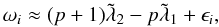 \begin{equation} \omega_i \approx (p+1) \secul{\lambda}_2 - p \secul{\lambda}_1 + \epsilon_i, \end{equation}