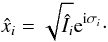 \begin{equation} \label{eq:rectcoord} \scaled{x}_i = \sqrt{\scaled{I}_i} \expo{\ImUnit \sigma_i}\cdot \end{equation}