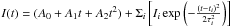 \hbox{$I(t) = (A_0 + A_1 t + A_2 t^2) +\Sigma_i \left[I_i \exp\left(-\frac{(t-t_i)^2}{2\tau_i^2}\right)\right]$}