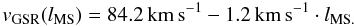 \begin{equation} \label{velgrad} v_{\rm GSR}(l_{\rm MS}) = 84.2\,{\rm km\,s^{-1}} - 1.2\,{\rm km\,s^{-1}}\cdot l_{\rm MS.} \end{equation}