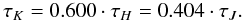 \begin{equation} \label{e:tauK} \tau_K = 0.600 \cdot \tau_H = 0.404 \cdot \tau_J . \end{equation}