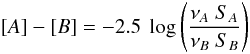 \begin{equation} [A] - [B] = -2.5~\log \left( \frac{\nu_{A}~S_{A}}{\nu_{B}~S_{B}} \right) \end{equation}