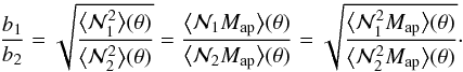 \begin{eqnarray} \frac{b_1}{b_2} = \sqrt{\frac{\bev{\Nap^2_1}(\theta)}{\bev{\Nap^2_2}(\theta)}} = \frac{\bev{\Nap_1 \Map}(\theta)}{\bev{\Nap_2 \Map}(\theta)} = \sqrt{\frac{\bev{\Nap_1^2 \Map}(\theta)}{\bev{\Nap_2^2 \Map}(\theta)}}\cdot \end{eqnarray}