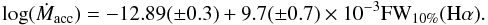 \begin{equation} \log(\dot{M}_{\rm acc}) = -12.89(\pm0.3)+9.7(\pm0.7)\times 10^{-3} {\rm FW}_{10\%}({\rm H\alpha}). \end{equation}