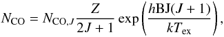\begin{equation} N_{\rm CO} = N_{{\rm CO},J} \frac{Z}{2J+1} \exp\left(\frac{{h \rm B J}(J+1)}{k T_{\rm ex}}\right), \end{equation}