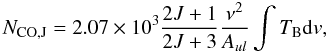 \begin{equation} N_{\rm CO, J} = 2.07 \times 10^3 \frac{2J+1}{2J+3} \frac{\nu^2}{A_{ul}} \int T_{\rm B} {\rm d}v, \end{equation}