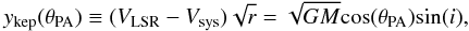 \begin{equation} y_{\rm kep}(\theta_{\rm PA})\equiv(V_{\rm LSR}-V_{\rm sys})\sqrt{r} = \sqrt{GM}{\rm cos} (\theta_{\rm PA}) {\rm sin}(i), \label{eq:ypa_kep} \end{equation}