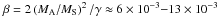 \hbox{$\beta = 2 \left(M_{\rm A}/M_{\rm S} \right)^2 / \gamma \approx 6 \times 10^{-3} {-} 13 \times 10^{-3}$}