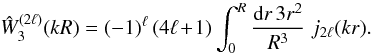\appendix \setcounter{section}{1} \begin{equation} \hW_3^{(2\ell)}(k R) = (-1)^{\ell} \, (4\ell \!+\! 1) \int_0^R \frac{\dd r \, 3r^2}{R^3} \; j_{2\ell}(k r) . \label{Whi-def} \end{equation}