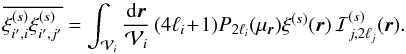 \appendix \setcounter{section}{1} \begin{equation} \overline{\xis_{i',i} \xis_{i',j'}} = \int_{\cV_i} \frac{\dd\vr}{\cV_i} \, (4\ell_i \!+\! 1) P_{2\ell_i}(\mu_{\vr}) \xis(\vr) \, \cI_{j,2\ell_j}^{(s)}(\vr) . \label{J3ij-1} \end{equation}