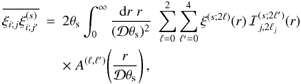 \appendix \setcounter{section}{1} \begin{eqnarray} \label{Kj-def} \overline{\xi_{i;j} \xis_{i;j'}} & = & 2\theta_{\rm s} \int_0^{\infty} \frac{\dd r \; r}{(\cD\theta_{\rm s})^2} \; \sum_{\ell=0}^2 \sum_{\ell'=0}^4 \xi^{(s;2\ell)}(r) \, \cI_{j,2\ell_j}^{(s;2\ell')}(r) \nonumber \\ && \times \; A^{(\ell,\ell')} \!\left(\frac{r}{\cD\theta_{\rm s}}\right) , \end{eqnarray}