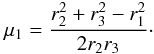 \appendix \setcounter{section}{2} \begin{equation} \mu_1 = \frac{r_2^2+r_3^2-r_1^2}{2r_2r_3}\cdot \label{mu1-def} \end{equation}
