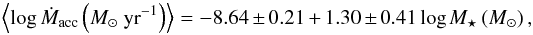 \begin{equation} \label{eq:macc_mass} \left\langle\log\dot M_{\rm acc}\,{\left(M_\odot~{\rm yr}^{-1}\right)}\right\rangle = -8.64\pm0.21+1.30\pm0.41\log M_\star\,{(M_\odot)\,,} \end{equation}