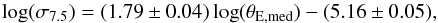 \begin{equation} \label{eq:correlation_meneghetti} \log (\sigma_{7.5}) = (1.79 \pm 0.04) \log(\theta_{\mathrm{E,med}}) - (5.16 \pm 0.05) , \end{equation}