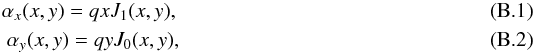 \appendix \setcounter{section}{2} \begin{eqnarray} \label{eq:alpha_x} \alpha_x(x,y) = qxJ_1(x,y) , \\ \alpha_y(x,y) = qyJ_0(x,y) , \label{eq:alpha_y} \end{eqnarray}