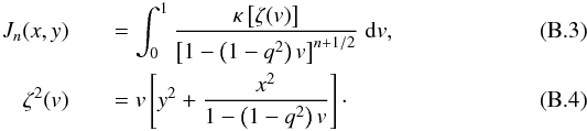 \appendix \setcounter{section}{2} \begin{eqnarray} J_n(x,y) &&= \int_0^1\frac{\kappa\left[\zeta(v)\right]}{\left[1-\left(1-q^2\right)v\right]^{n+1/2}} \; \mathrm{d}v , \\ \zeta^2(v) &&= v\left[y^2 + \frac{x^2}{1-\left(1-q^2\right)v}\right] \cdot \label{eq:zeta_of_v} \end{eqnarray}