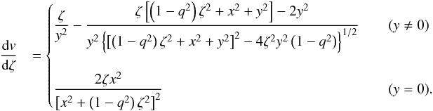 \appendix \setcounter{section}{2} \begin{eqnarray} \frac{\mathrm{d}v}{\mathrm{d}\zeta} &= \begin{cases} \dfrac{\zeta}{y^2}-\dfrac{\zeta\left[\left(1-q^2\right)\zeta^2+x^2+y^2\right]-2y^2}{y^2\left\{\left[\left(1-q^2\right)\zeta^2+x^2+y^2\right]^2-4\zeta^2y^2\left(1-q^2\right)\right\}^{1/2}} & \quad (y \neq 0) \\ & \\ \dfrac{2\zeta x^2}{{\left[x^2+\left(1-q^2\right)\zeta^2\right]}^2} & \quad (y = 0). \end{cases} \end{eqnarray}